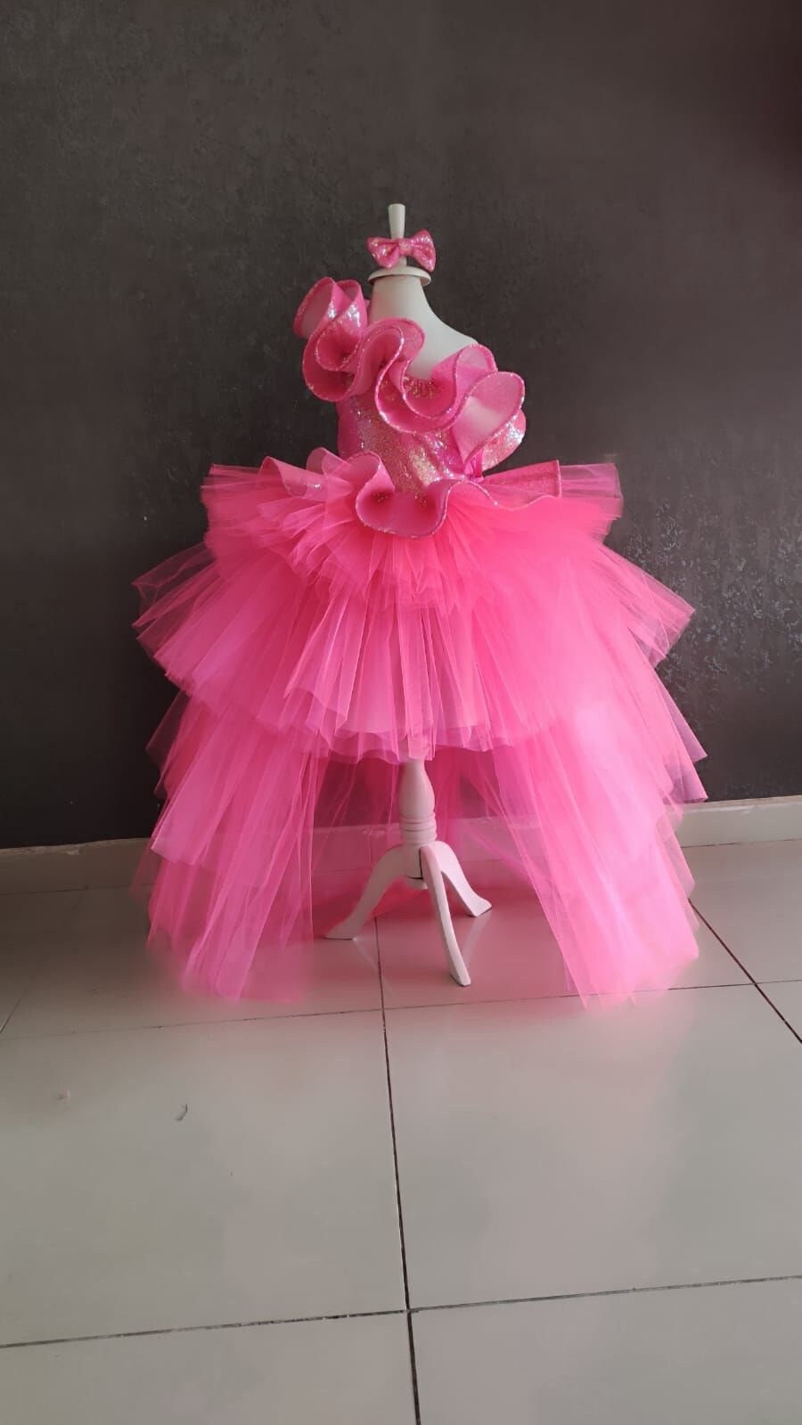 Neon Fuchsia Tulle Dress: One Shoulder Sparkling Party Gown