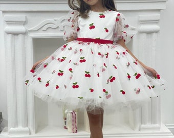 Cherry Dress for Girls, White and Red Cherry Tutu Dress, Fluffy Tulle Cherry Party Dress for Birthdays, Pink tutu Dress, Toddler Party Dress