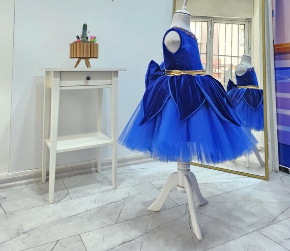 Royal Blue Velvet Princess Dress: Petal Tutu Gown with Gold Belt