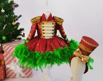 Nutcracker Girl&#39;s Christmas Costume: Sequin Dress with Feather Hem