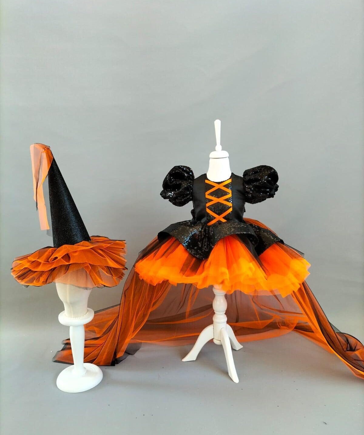 Halloween Witch Costume Dress with Matching Hat: Orange & Black