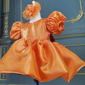 Baby Orange Pageant Dress- Pearly Baby Puffy Dress - Flower Girl Dress - 1st Birthday Party Dress - 2nd Year Baby Dress- Toddler Party Dress