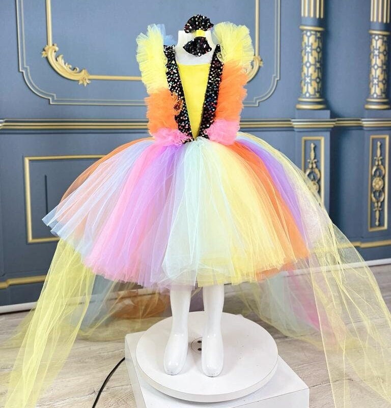 Rainbow Tutu Dress, Toddler Party Dress, Rainbow Dress With Train Tail, Baby Girl Tulle Dress, First Birthday Dress, Puffy Toddler Dress