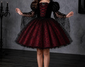 Girls Vampire Costume, Red Black Gothic Halloween Dress, Vampire Queen Costume for Kids