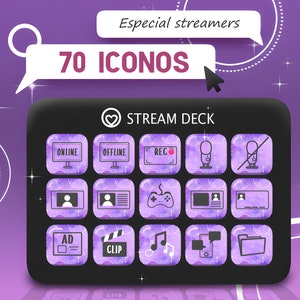 May include: Purple and white Stream Deck icons with 70 icons for streamers. The icons include online, offline, record, microphone, ad, clip, music, and more.