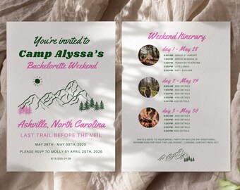 Camp Bachelorette Itinerary, Invitation, Planner | Retro Bachelorette Party Itinerary | Last Trail Before the Veil | Itinerary Template