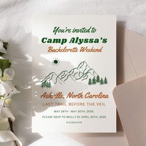 Camp Bachelorette Itinerary, Invitation, Planner | Retro Bachelorette Party Itinerary | Last Trail Before the Veil | Itinerary Template