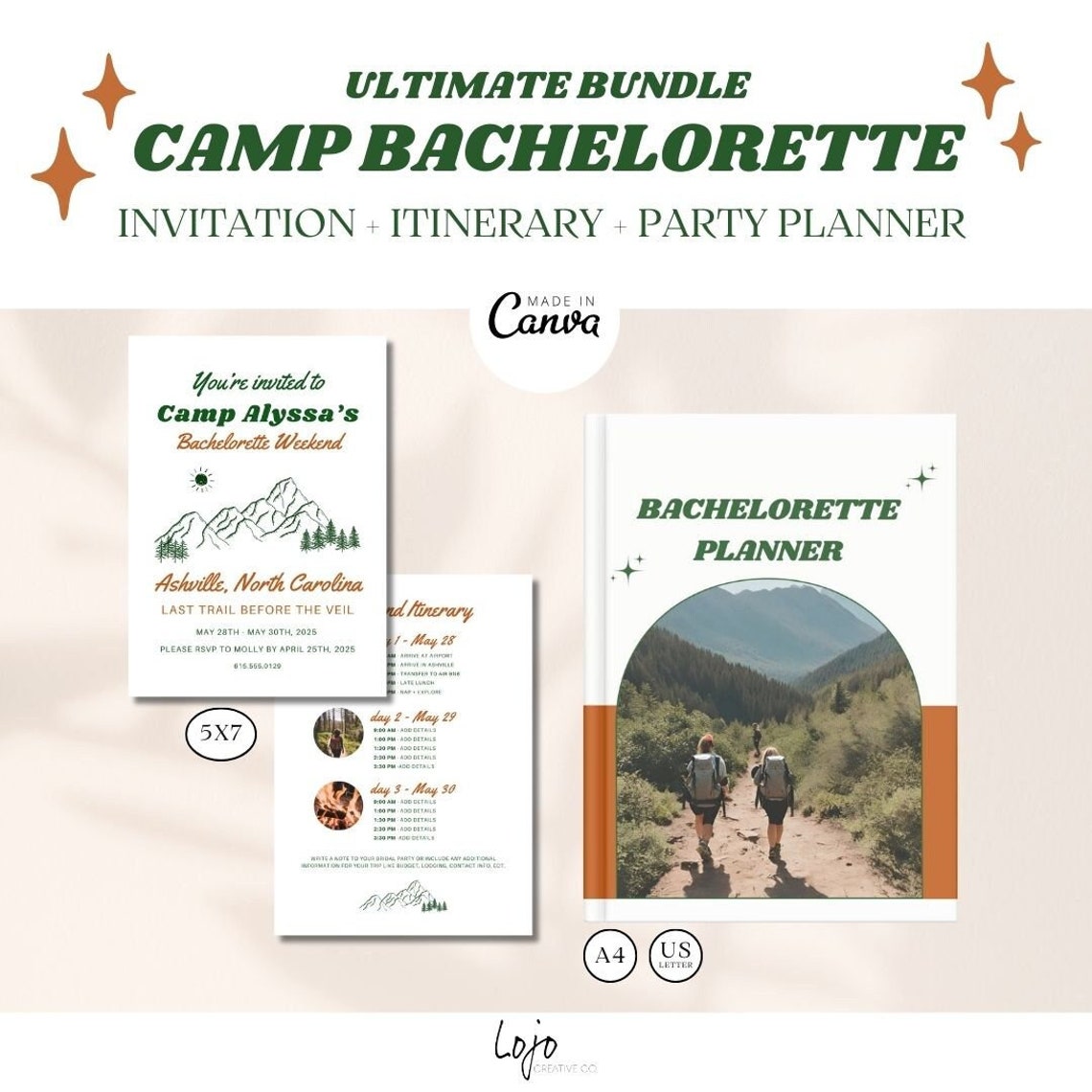 Camp Bachelorette Itinerary, Invitation, Planner Retro Bachelorette
