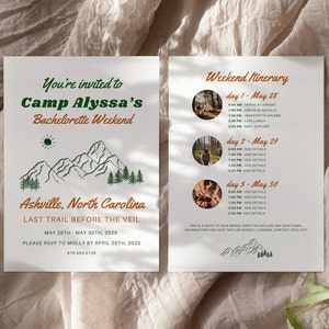 Camp Bachelorette Itinerary, Invitation, Planner | Last Trail Before the Veil | Retro Bachelorette Party Itinerary | Itinerary Template