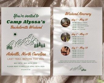 Camp Bachelorette Itinerary, Invitation, Planner | Last Trail Before the Veil | Retro Bachelorette Party Itinerary | Itinerary Template