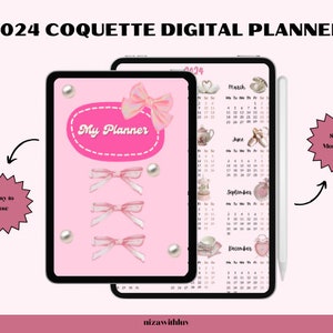 May include: A digital planner for 2024 with a pink and white color scheme. The planner features a pink bow, pearls, and the text "My Planner". The planner also includes a calendar for each month of the year.