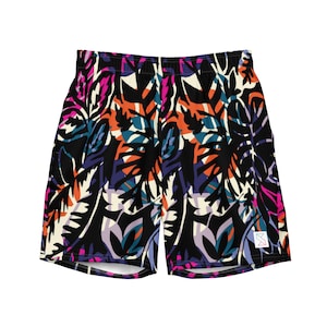 May include: Black athletic shorts with a colorful abstract floral print. The print features a variety of colors, including pink, orange, blue, and green.