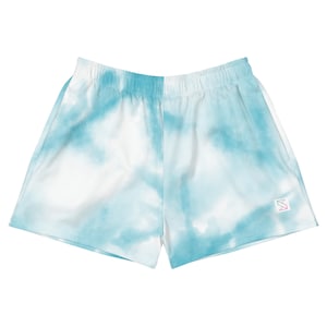 May include: Blue and white tie-dye shorts with a small logo on the right side.