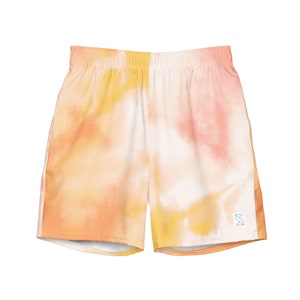 May include: Orange, yellow, and pink tie-dye patterned shorts with a white logo on the right leg.