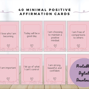 40 barajas de cartas de afirmación positiva rosa, Tarjetas de amor propio imprimibles diariamente, Conjunto de afirmación de atención plena, Tarjetas rosas