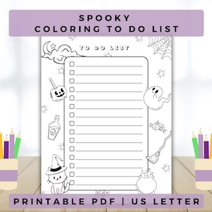 Op de afbeelding: Een printable kleurplaat met een griezelige to-do list met een zwart-witte illustratie van een hekskat, een spook, een ketel, snoep, een flesje drank en een bezem. De tekst "TO DO LIST" staat bovenaan de pagina.