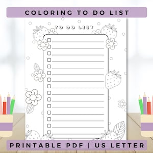 Puede incluir: Una lista de tareas imprimible con un tema de fresas y flores. La lista está sobre un fondo blanco con líneas negras y un borde negro. El texto "TO DO LIST" está en la parte superior de la lista. El texto "PRINTABLE PDF | US LETTER" está en la parte inferior de la lista.