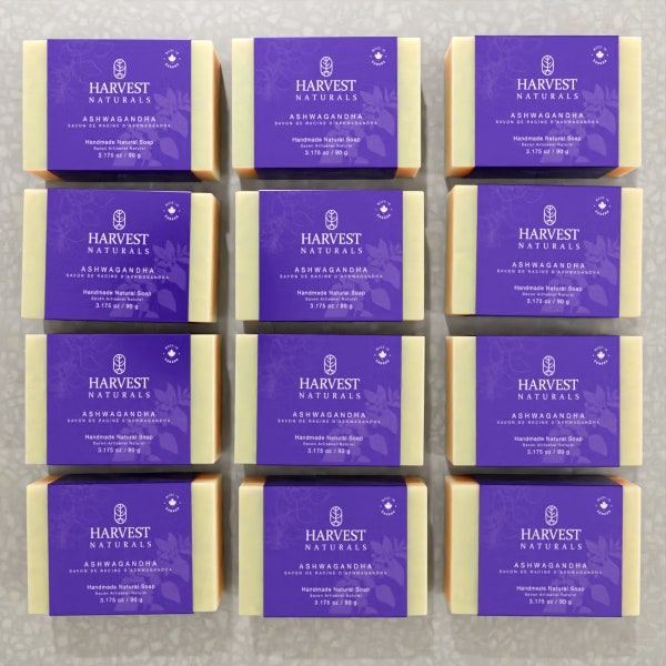 Handmade Natural Ashwagandha Soap 12-pack. HarvestNaturals vegan herbal soap hand crafted in Canada