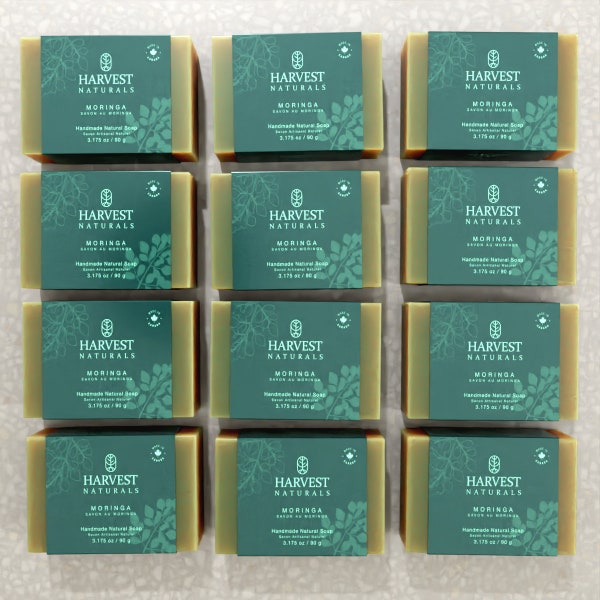 Handmade Natural Moringa Soap 12-pack. HarvestNaturals skin rejuvenating vegan herbal soap hand crafted in Canada