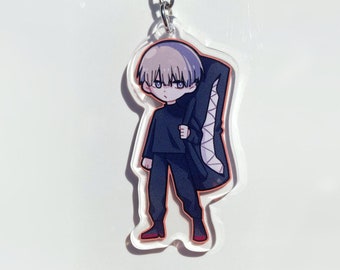 May include: A clear acrylic keychain featuring an anime-style character with short, light-colored hair and dark clothing. The character is carrying a black object with a white and black design. The keychain is attached to a silver chain.