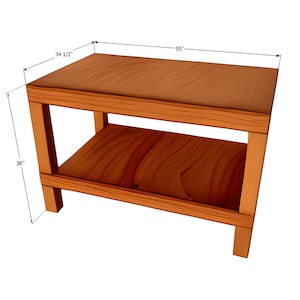 May include: A wooden shelf unit with a top shelf measuring 34 1/2 inches by 55 inches and a bottom shelf measuring 36 inches. The shelf unit is made of natural wood with a light brown finish.