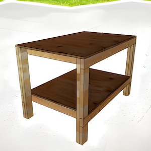 May include: A simple wooden table with two shelves. The table is made of light brown wood and has a natural finish.
