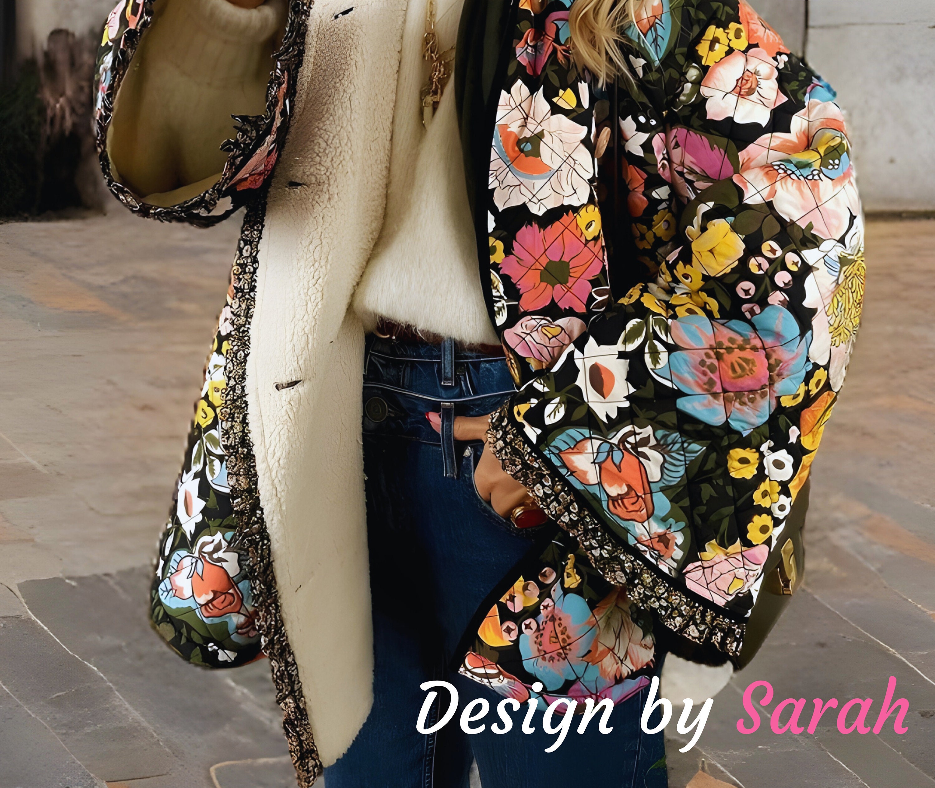 Fashion flower printed lapel collar loose coat shop