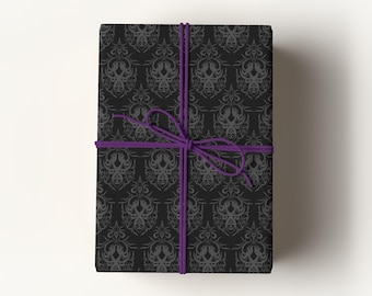 Gothic Black Damask Wrapping Paper, Dark Elegant Victorian Gift Wrap, Moody Baroque Pattern for Weddings, Holidays & Special Occasions