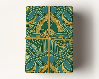 Emerald Gold Art Deco Wrapping Paper, Luxury Art Nouveau Geometric Gift Wrap for Weddings, Holidays & Birthdays, Glam Vintage Style Paper