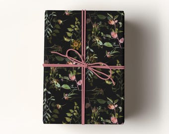 Dark Botanical Floral Wrapping Paper, Elegant Black Gift Wrap, Moody Garden Flowers Wrapping Paper for Weddings, Birthdays & Gothic Gifts