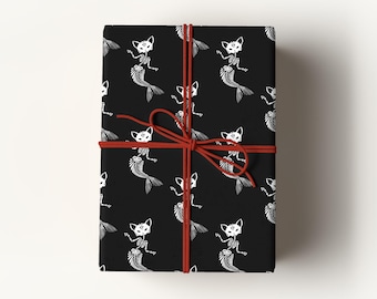 Skeleton Cat Mermaid Wrapping Paper – Gothic Halloween Gift Wrap, Dark Cute Creepy Pattern, Black and White Spooky Packaging