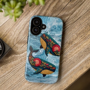 Custodia per telefono con due balene blu e sfondo oceanico, ideale per gli amanti delle balene, con tema costa e spiaggia, per iPhone e Samsung.