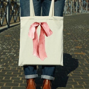 Natural Cotton Tote Bag Big Pink Bow Coquette Style Girly Aesthetic Pink Watercolor Bow Preppy Bestie Gift College Student Gift Prep School
