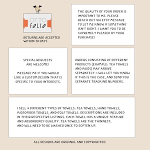 Peut inclure: Image avec du texte sur les politiques de la boutique, y compris les retours, les demandes de design personnalis&eacute; et les types de serviettes. Le logo est en haut &agrave; gauche. Les serviettes comprennent les serviettes de th&eacute;, de main, microfibres et de golf.