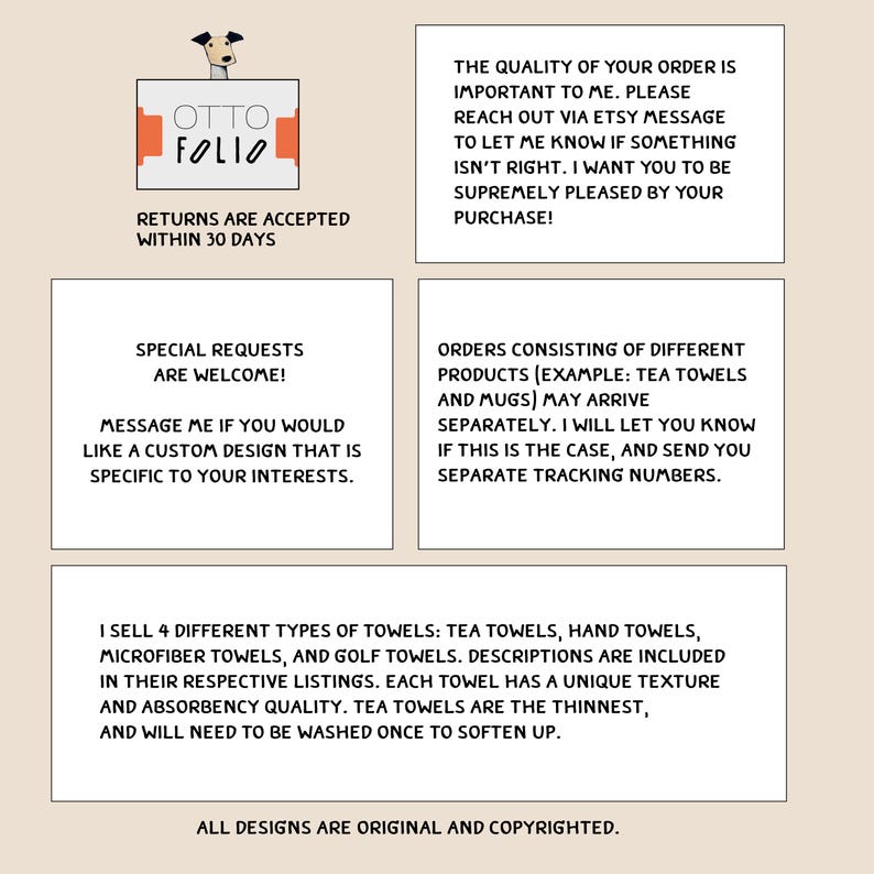 Peut inclure: Image avec du texte sur les politiques de la boutique, y compris les retours, les demandes de design personnalis&eacute; et les types de serviettes. Le logo est en haut &agrave; gauche. Les serviettes comprennent les serviettes de th&eacute;, de main, microfibres et de golf.
