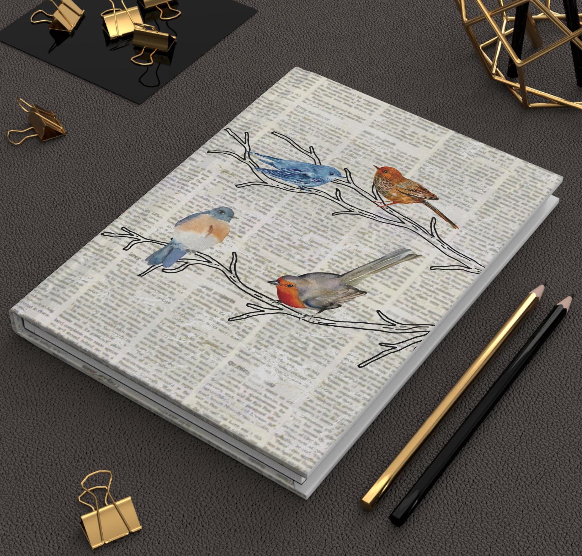Cute Watercolor Birds on Vintage Newsprint Journal, Unique Hardcover ...