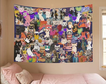 Collage de gatos para colgar en la pared, tapiz horizontal para dormitorio de amantes de los gatos, decoración para fiestas de cumpleaños con gatitos adorables.