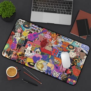 Whimsical Cute Cat Collage Desk Mat Office Dopamine Decor, Colorful Animals & Retro Music Desk Topper Mouse Pad