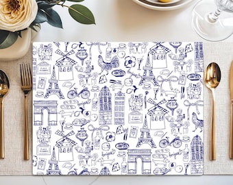 Tovaglietta americana blu estiva Parigi, Francia, regalo per amanti dei caffè francesi, francofili, decorazioni per la cucina estiva parigina, tovaglietta americana da pranzo Parigi