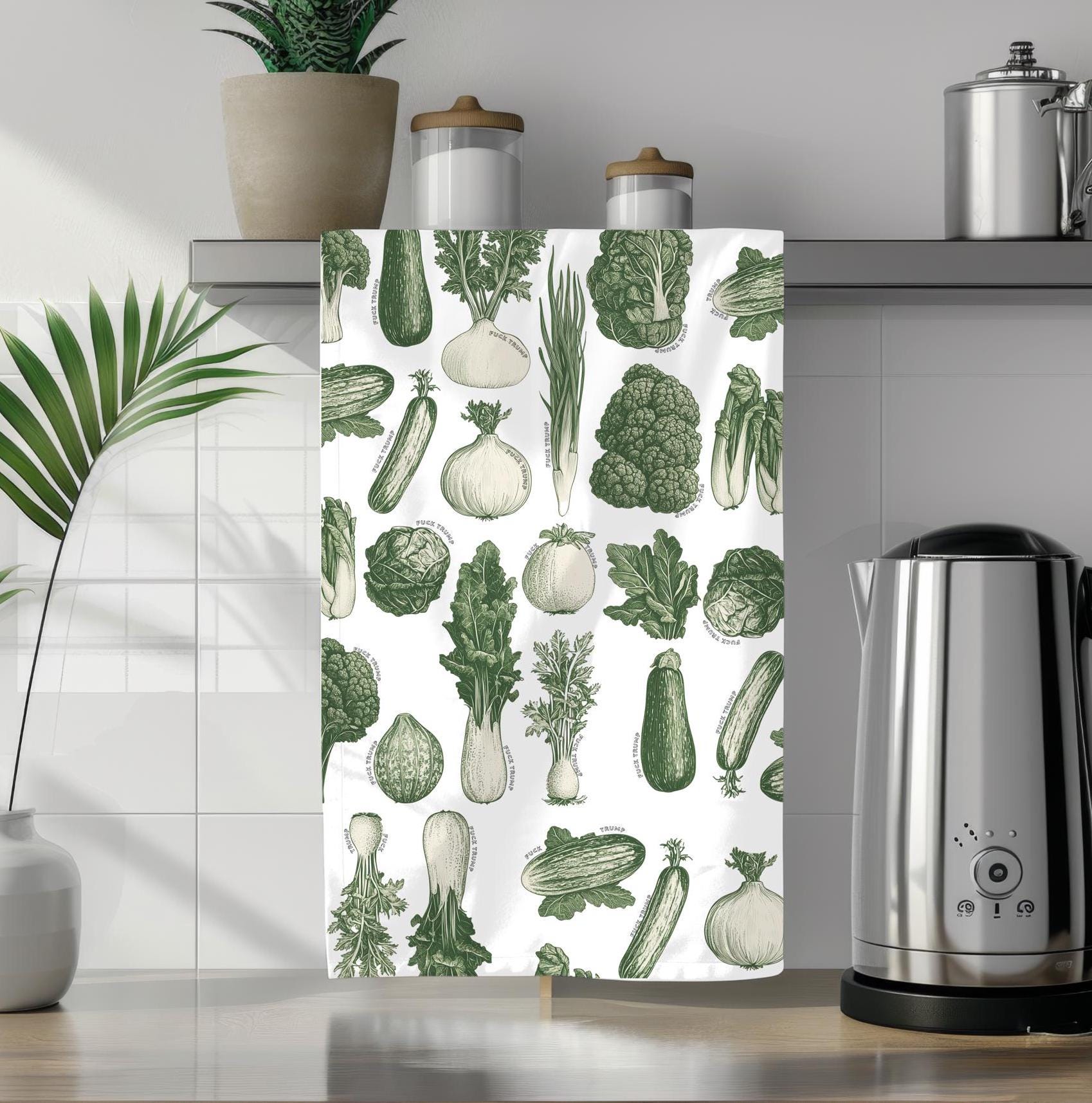 Discover Subtle Fck Trump Vintage Green Vegetables Towel, Boho Kitchen Decor, Anti Trump Gift