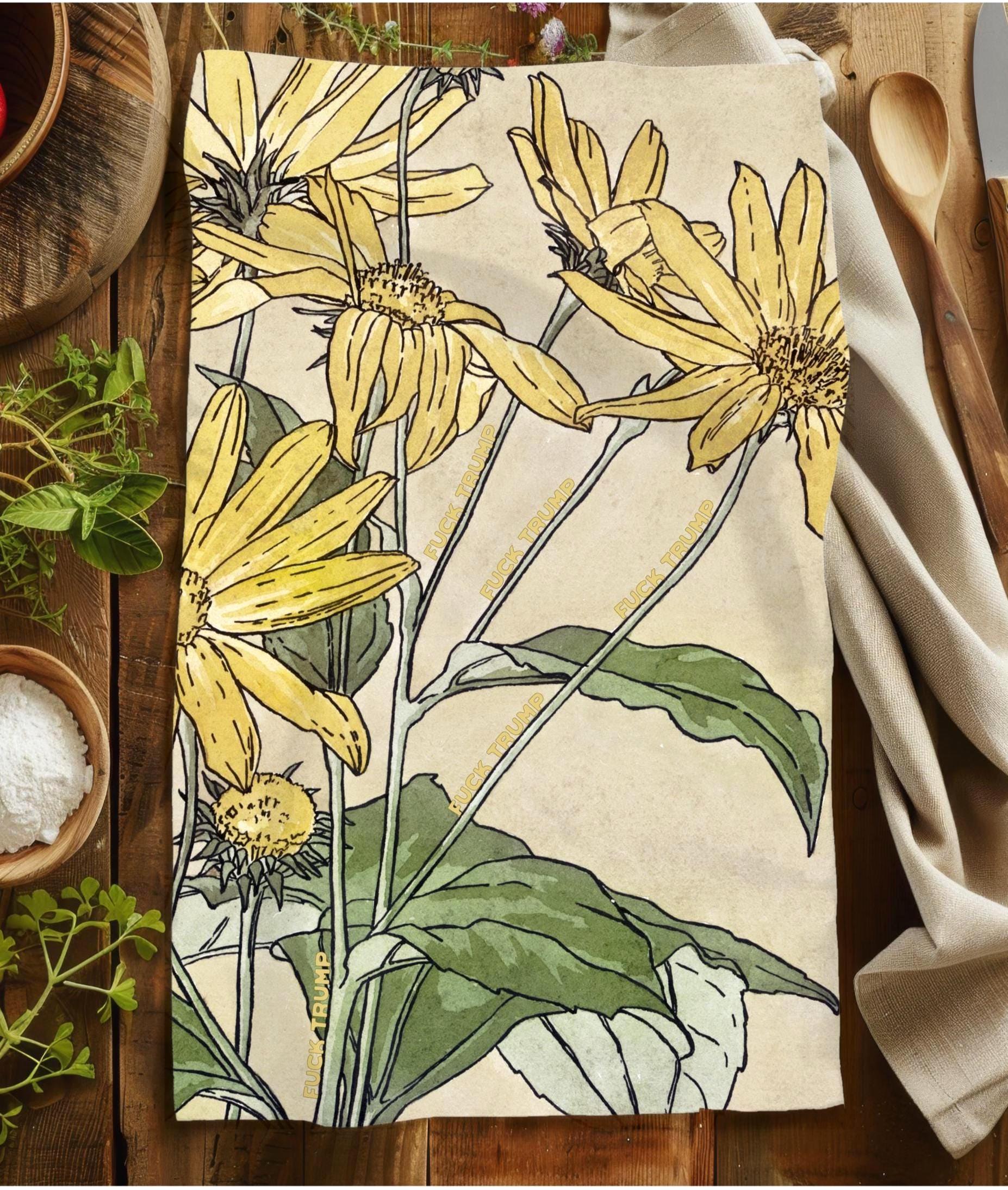 Yellow Daisies Subtle Fuck Trump Tea Towel Country Cottage Kitchen Decor Anti Trump Mothers Day Gift Unique Home Decor Anti Maga Hand Towel