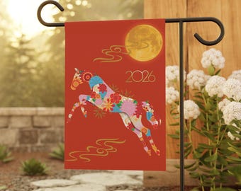 Bannière de jardin avec drapeau de cour du Nouvel An chinois 2026 Cheval de Feu, décoration du zodiaque Nouvel An lunaire