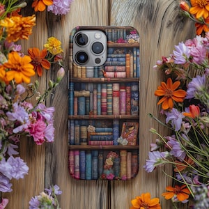 Funda para iPhone con estantería bordada, funda para teléfono móvil para amantes de los libros, regalo literario de primavera, iPhone 14, 15 y 16, estilo Dark Academia, ratón de biblioteca