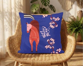 Blue Pink Chinese New Year 2026 Year of the Fire Horse Square Indoor Accent Pillow, Chinese Zodiac Lunar New Year Homeware Decor