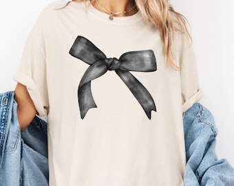 Girly Black Bow White T Shirt | Cute Bow Style Coquette Style Stylish Mom Gift | Auntie Gift College Girl Modern Prep School Preppy Vibe