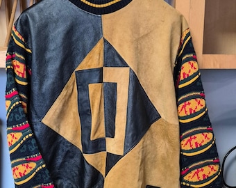 Jersey de punto estilo Coogi con patchwork de piel y ante Trutus Blancarra, estilo vintage de los años 80/90 (Lg)