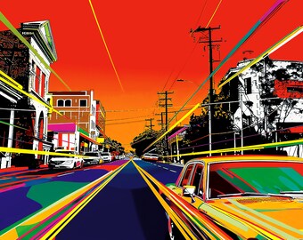 Frame TV: Unconventional perspectives for LA streets, pop art style, American cars in saturated colors, chrome highlights