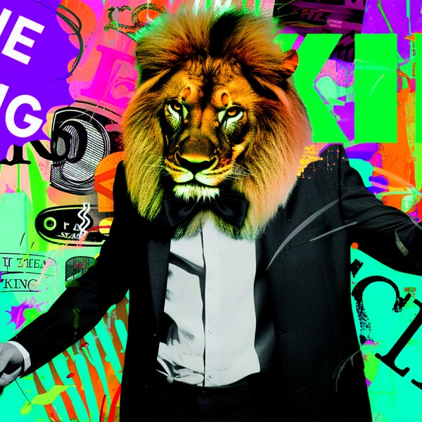 Lion Pop Art from the 60s: Inspired by Warhol and Lichtenstein bright colors, inspiring words, comic book style. Collage. Digital download