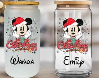 Christmas Mickey Mouse Glass Jar, Christmas Cute Glass Cup, Christmas Drinkware, Disney Christmas Glass Can, Custom Coffee Glass Cup