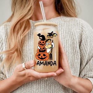 Personalized Halloween Bluey Glass Jar with Name, 16oz Frosted or Clear Jar with Bamboo Lid and Straw, Custom Spooky Gift for Bluey Fans